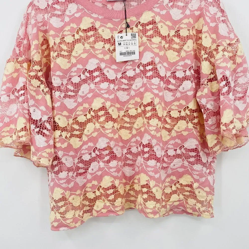 NEW Zara Size Medium Pink Lemonade Floral Lace Boxy Cropped Top